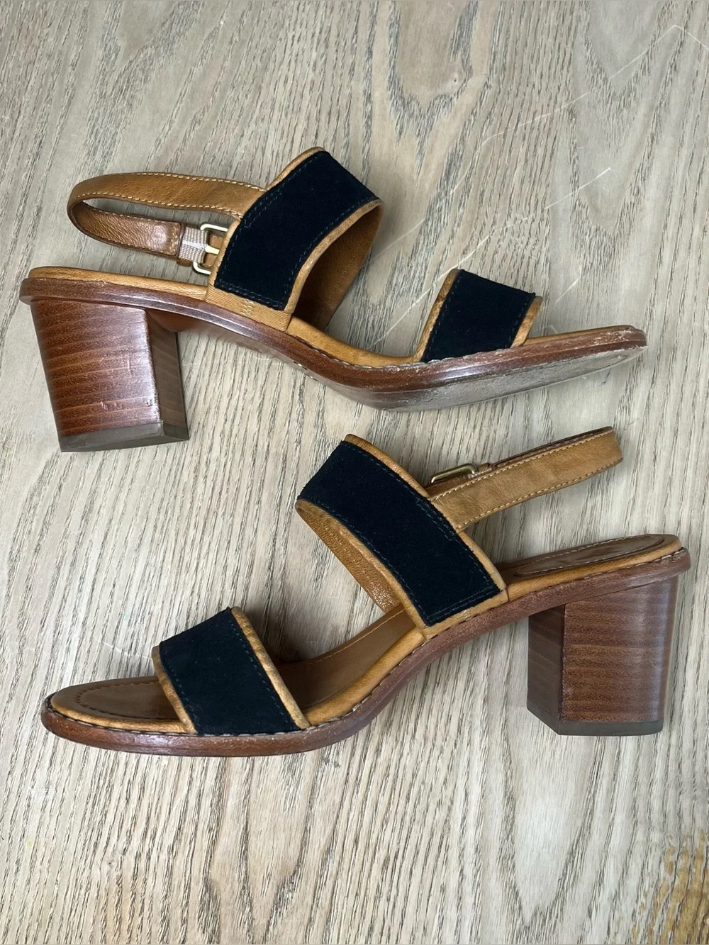 Frye Women’s Black Tan Two-Band Block Heel Slingback Leather Sandals Size 7.5